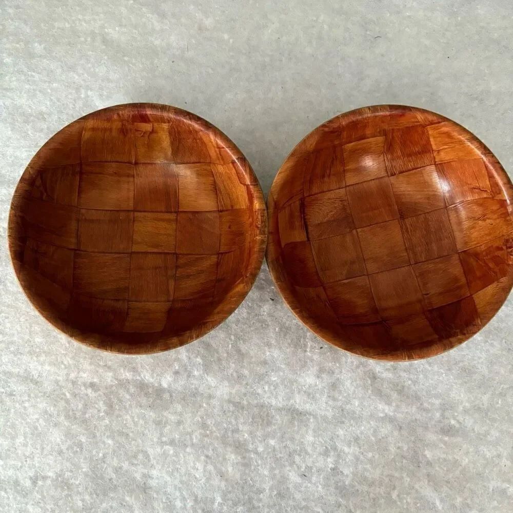 2 Vintage Wooden Woven Salad Bowls